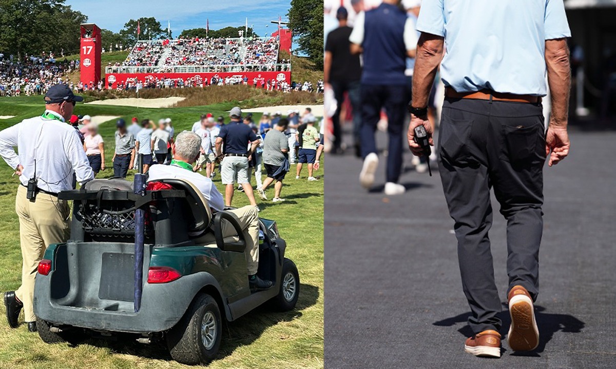 A person walking with a golf cartAI-generated content may be incorrect.